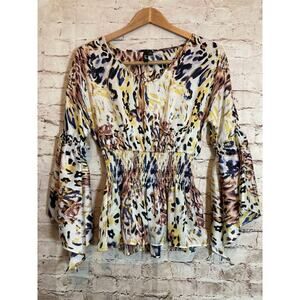 Essentials By Milano Babydoll Top Womens Small Animal Print Satin Flared Sleeve